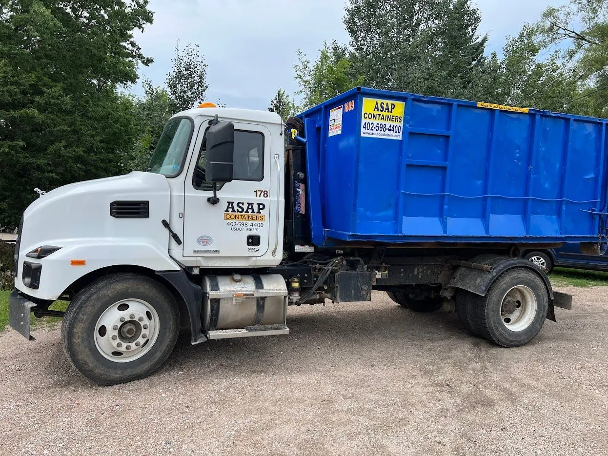An ASAP Containers roll-off dumpster on a job site in Norfolk, NE