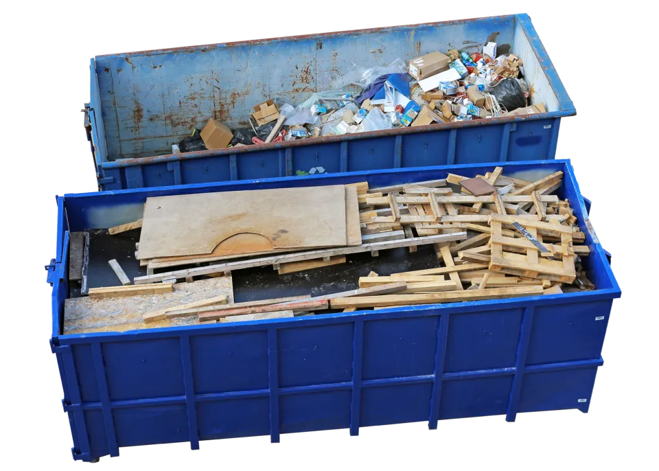 Two large blue ASAP Containers dumpsters filled with assorted construction debris
